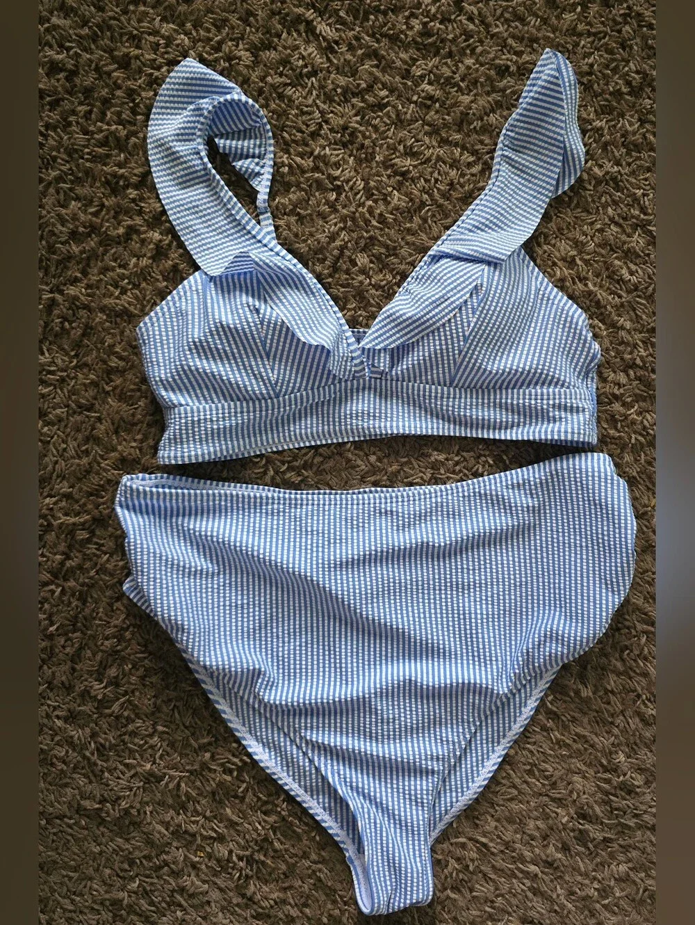 Blue Stripe Ruffle V-Neck High-Waist Women's Bikini. Size Large. NWT.